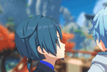 a close up of a person 's head with a blue hair style