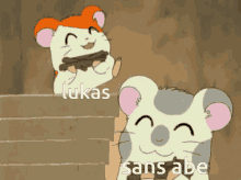 a cartoon of two hamsters with lukas and sans abe written on them