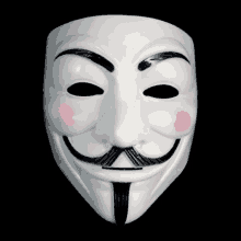 a white anonymous mask with a mustache and red cheeks