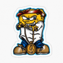 a sticker of spongebob wearing a bandana and a necklace with a dollar sign on it