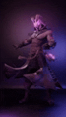 a blurry picture of a statue of a samurai in a purple robe .