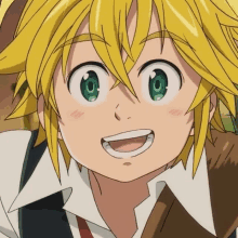 a close up of a cartoon character with yellow hair and green eyes smiling