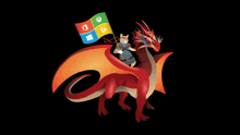 a cat is riding on the back of a red dragon holding a flag with windows icons on it