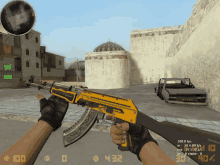 a screenshot of a video game shows a person holding a gun and a car in the background