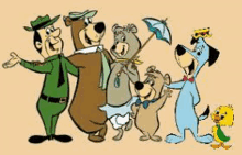 a group of cartoon characters standing next to each other on a tan background .