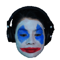 a woman wearing headphones and a clown face paint