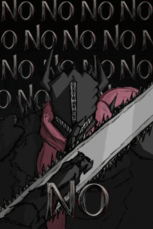 a black and white drawing of a person holding a chainsaw with the word no on it