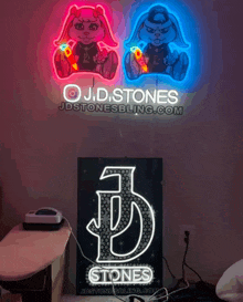 a neon sign that says o.j.d.stones is lit up