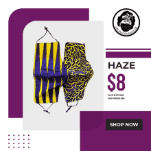 a yellow and purple face mask is being sold for $ 8