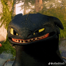 toothless from how to train your dragon is smiling with yellow eyes and red teeth