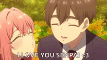 a boy and a girl are kissing and the girl is saying i love you senpai < 3 .