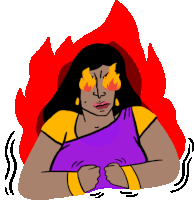 a cartoon drawing of a woman with fire in her eyes