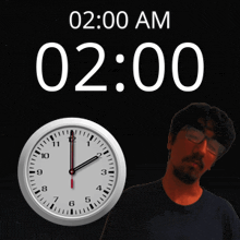 a man stands in front of a clock that says 02:00 am