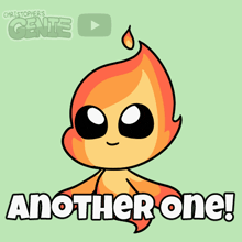 a cartoon character says another one in white letters