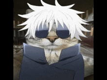 a cat with white hair and sunglasses is wearing a suit and jacket .