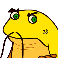 a cartoon of a yellow frog with green eyes and a mustache