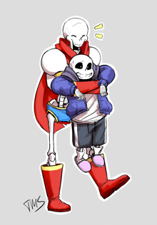 a drawing of a skeleton carrying another skeleton with the letters tms at the bottom