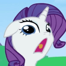 a close up of a cartoon pony with purple hair and a unicorn horn .