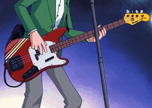 a man in a green jacket is playing a red and white guitar