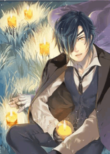 a man in a suit and tie is holding a candle in his hand