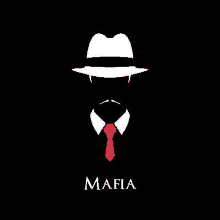 a man wearing a hat and tie with the word mafia written on the bottom .