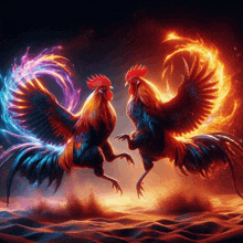 a painting of two roosters standing next to each other with flames coming out of their wings