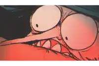 a close up of a cartoon face with big eyes