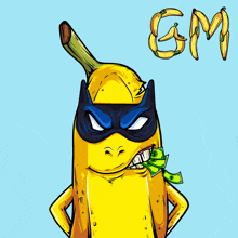 a cartoon drawing of a banana wearing a mask and holding money