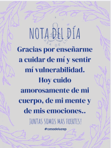 a note in spanish that says gracias por enseñarme a cuidar de mi y sentir mi vulnerabidad