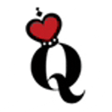 a black letter q with a red heart on it .