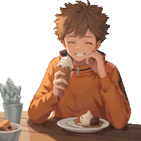 a boy in an orange jacket is eating ice cream