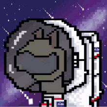 a pixel art drawing of an astronaut with nasa written on his sleeve