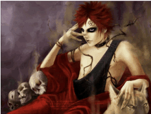 a painting of a man with red hair holding skulls and a cat