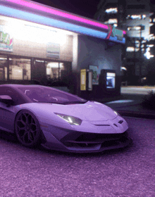 a purple sports car is parked in front of a gas station that says xtreme