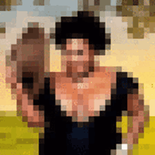 a pixelated image of a woman in a black dress and hat