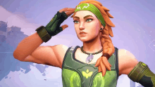 a woman wearing a green headband and gloves salutes in a video game