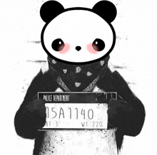 a panda bear wearing a bandana and holding a police department mug shot