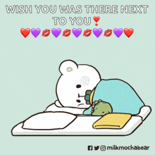 a cartoon of a teddy bear laying on a bed with the words wish you was there next to you above it