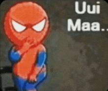 a cartoon of a man in a spiderman costume is standing in front of a sign that says ui maa .