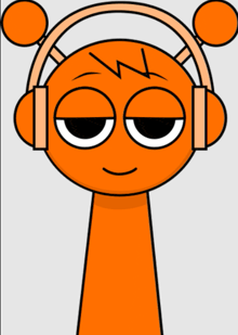 an orange cartoon character wearing headphones with the letter w on his face
