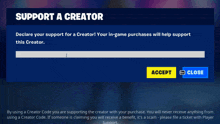 a screen that says support a creator with a blue accept button