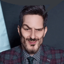 a man with a beard and mustache is wearing a suit and tie and making a funny face .