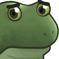 a green frog with a black eyebrow and a white eye