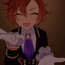 a girl in a suit and tie is holding her hands out