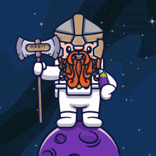 a cartoon of a bearded man holding an axe with the word orbit on it