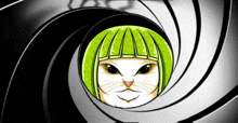 a cartoon cat with green hair is looking through a black and white swirl