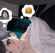 a cartoon of a woman laying in bed with a hamburger in a thought bubble above her head