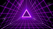 a purple triangle is glowing in the middle of a purple grid on a black background .