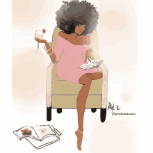 a drawing of a woman sitting in a chair reading a book and holding a glass of wine