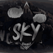 a black and white logo for sky with a mountain in the background